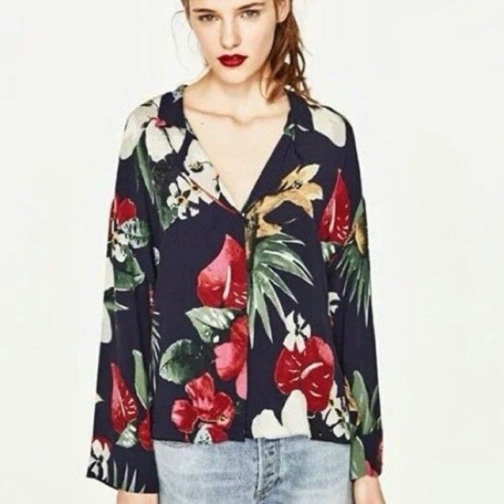 ZARA Hawaiian Blue Multicolored Floral Collar SHIRT BLOUSE Size XS Tropical